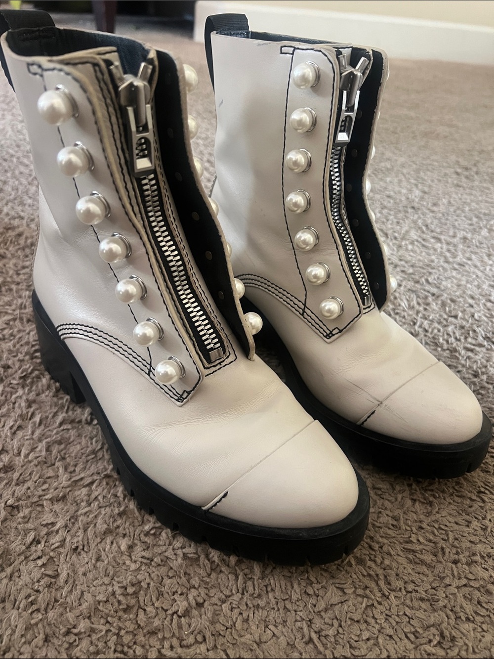 Phillip Lim Pearl-Embellished White Leather Combat Boots